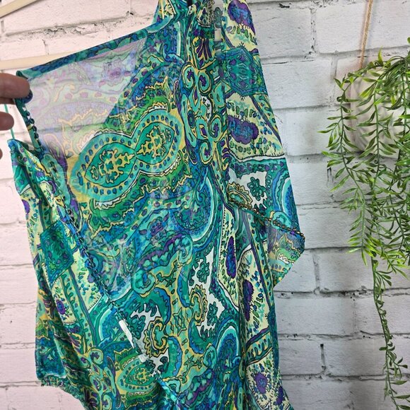 CACHE 100% SILK ONE-SHOULDER GREEN AND BLUE PAISLEY PRINT BLOUSE WOMENS SIZE MED - Picture 6 of 10